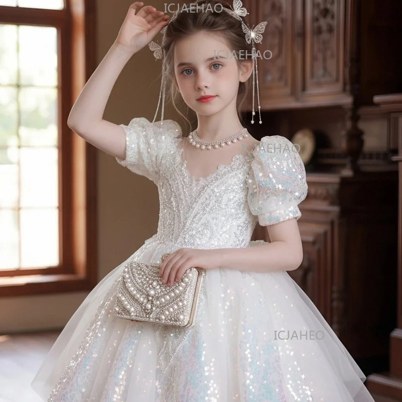 Children Girls Formal Birthday White Princess GownPageant Flower Girl Wedding Clothes Kids Host Piano Flower Girl Performance
