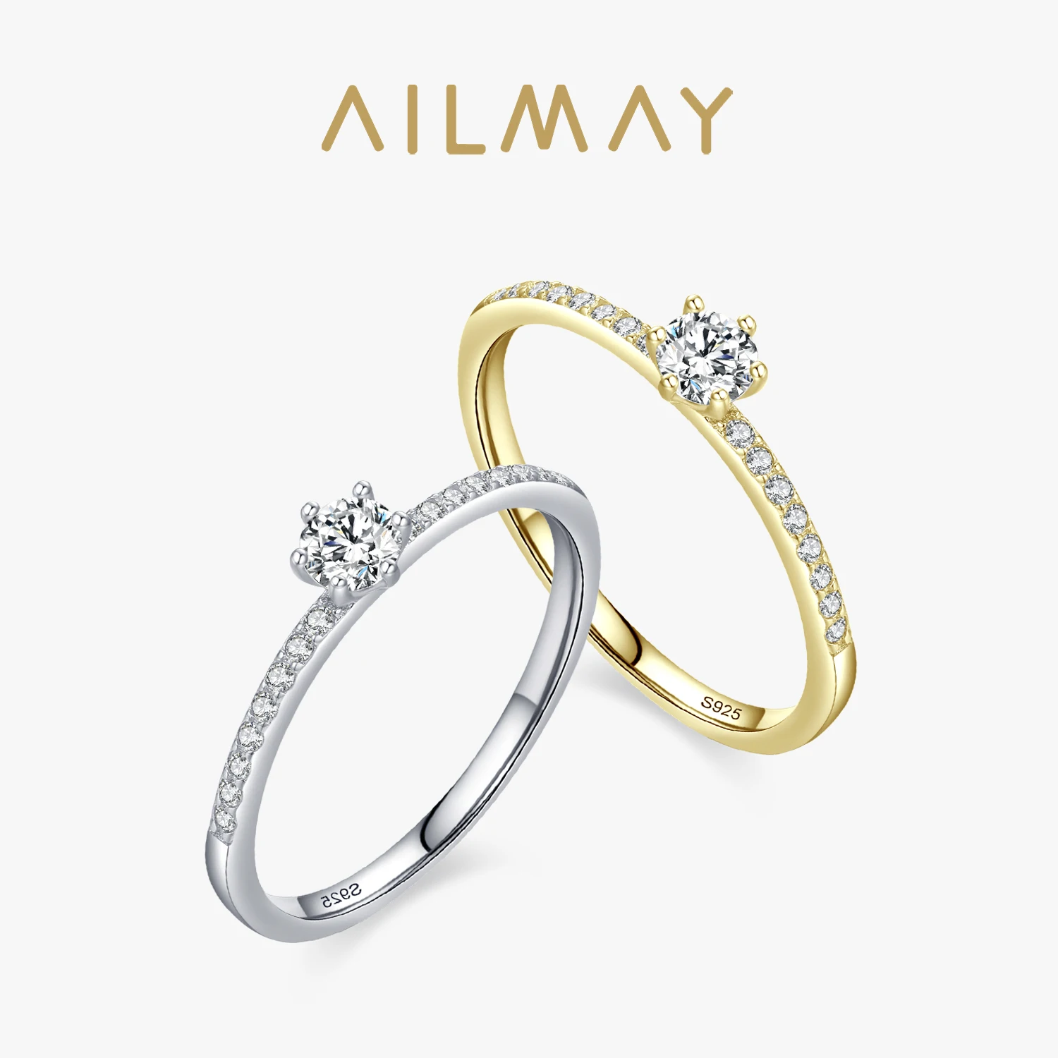 Ailmay Classic 925 Sterling Silver Sparkling Clear Zircon Golden Color Rings For Women Wedding Engagement Fine Female Jewelry