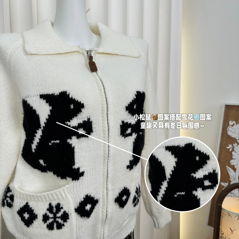 Bomon Japanese Y2K Harajuku Squirrel Embroidery lapel zipper long sleeve knit autumn/winter new lazy design sweater jacket