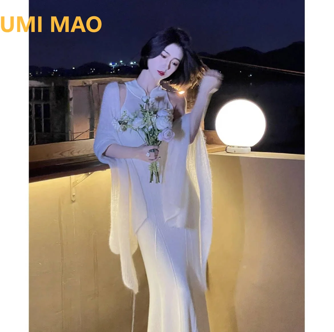 

UMI MAO New Chinese Style Sweater Dress Elegant Slouchy Cape Cardigan Women Autumn Design Feeling Fishtail Qipao Knitted Dresses