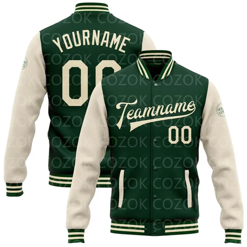 

Custom Green and beige 3D Printed Baseball Button Jacket Bomber Full-Snap Varsity Letterman Jacket