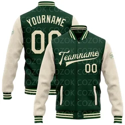 Custom Green and beige 3D Printed Baseball Button Jacket Bomber Full-Snap Varsity Letterman Jacket