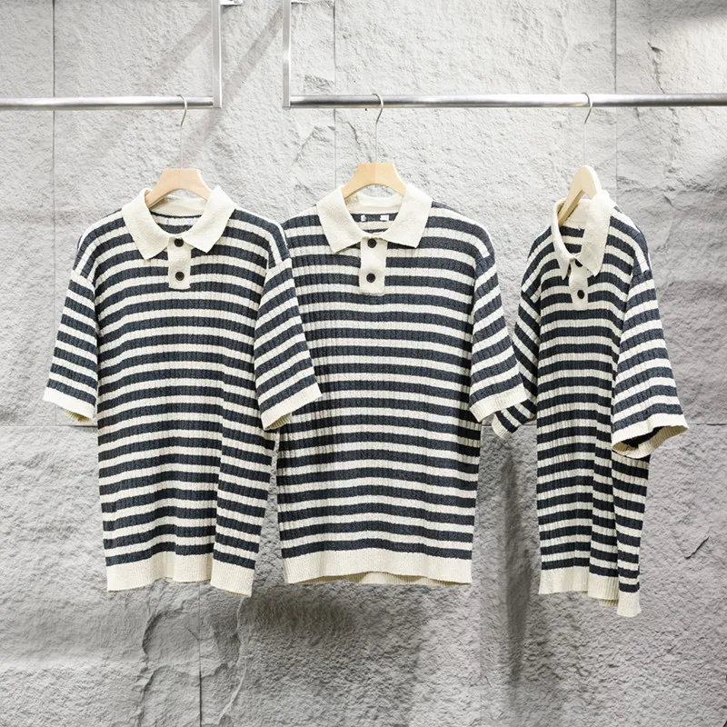 

Towels Tip Knitted Fabric Men's Summer Fashion Shirt with Stripe Pattern High Elastic Breathable Short Sleeve Turn-down ...