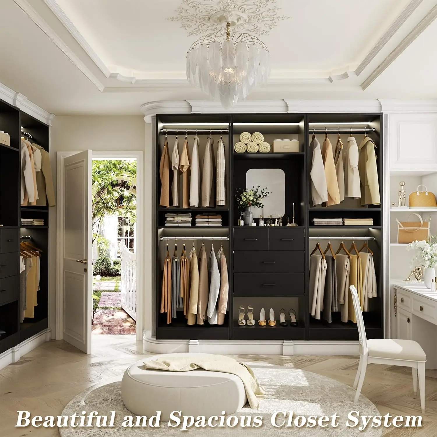 75 Inch Walk in Closet 4 Drawers, 6.3FT Organizer Hanging Rods & Mirror, Wardrobe Shelves Adjustable Tower, Customized