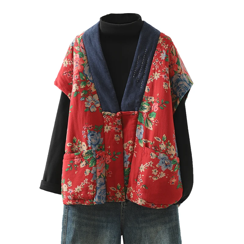 เสื้อกั๊กผ้าฝ้ายสไตล์จีนย้อนยุค ป้องกันริ้วรอย ระดับไฮเอนด์ สำหรับฤดูหนาว ลายพิมพ์ อบอุ่น ทรงหลวม พร้อมแผ่นรองไหล่