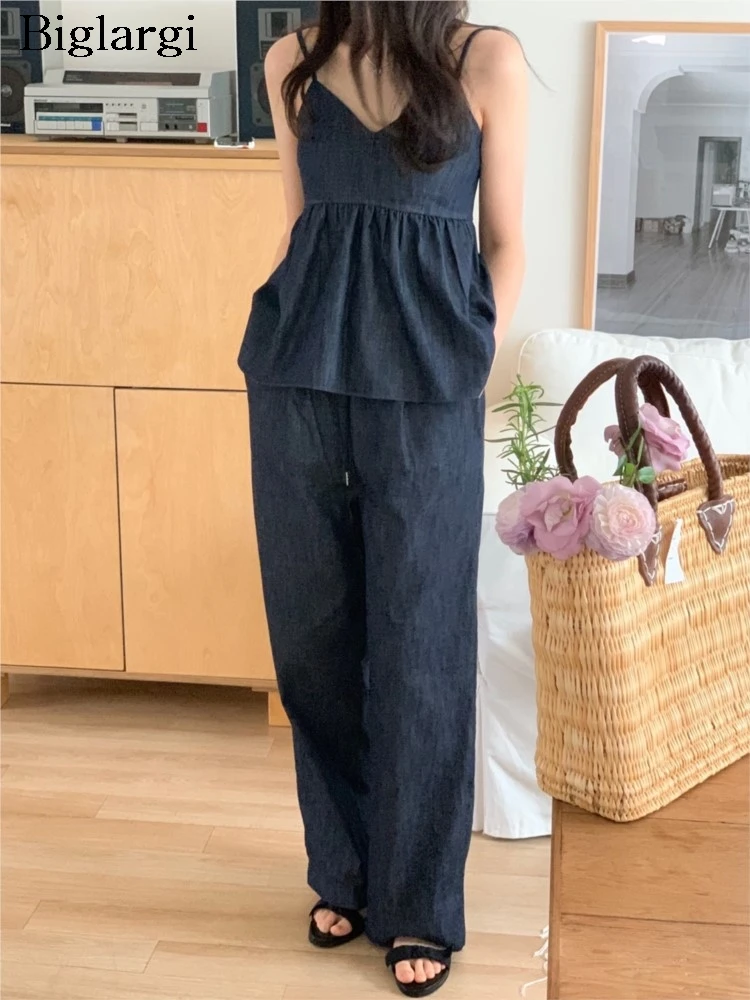 Denim Summer 2 Two Piece Set Women Sleeveless Fashion Ruffle Ladies Cropped Slip Tops Casual Loose Korean Woman Wide Leg Pant