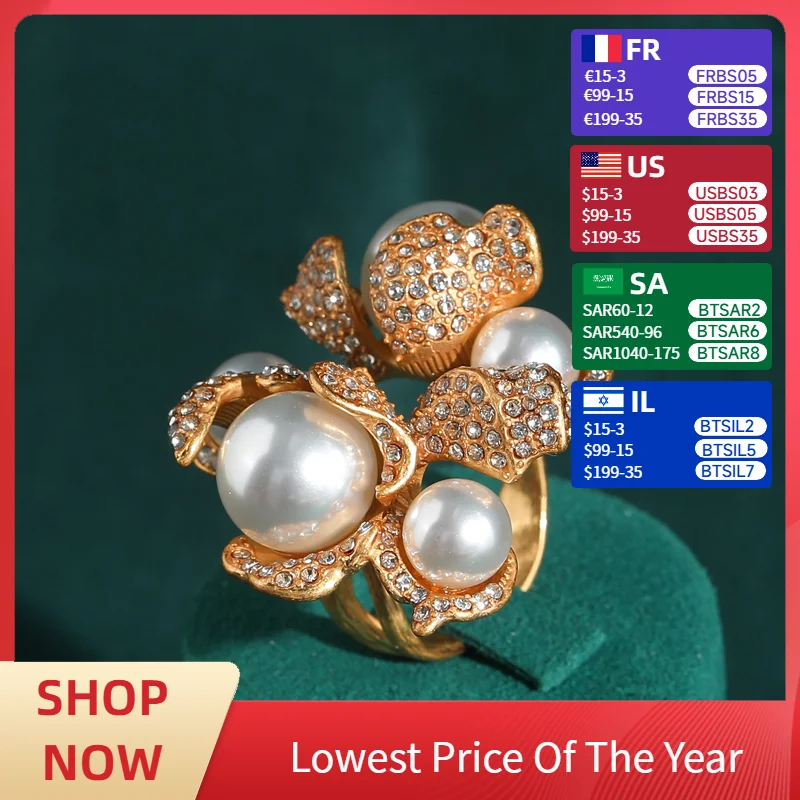

Vintage Gold Color Pearl Ring Adjustable Rhinestones Heart Accessories For Woman Luxury Quality Jewelry Finger Party 2025
