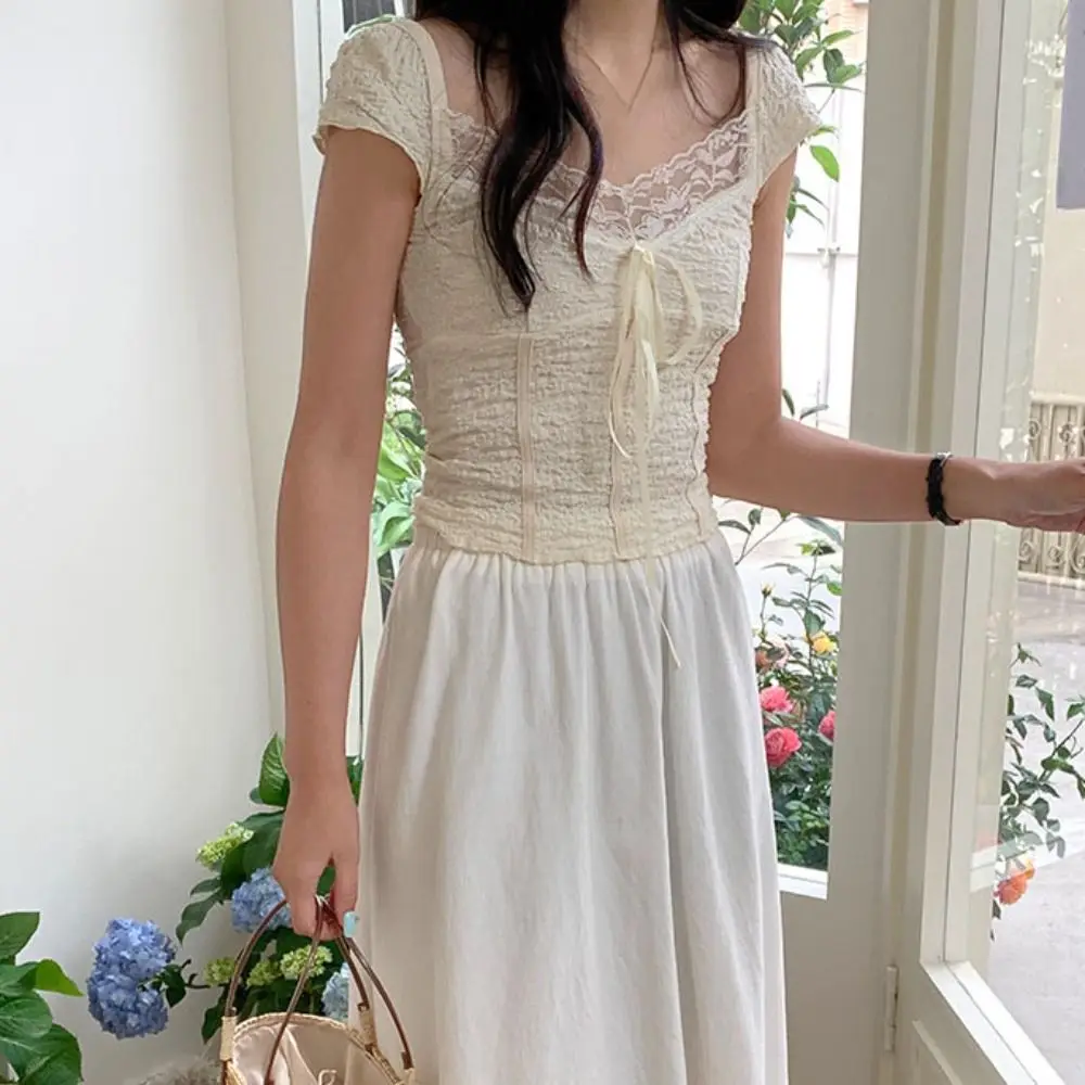 

Ins Sweet Slim Crop Top Женская одежда Корейский стиль Футболка с коротким рукавом Spicy Girl Нижняя рубашка Кружевная футболка с бантом Женская футболка для девочек