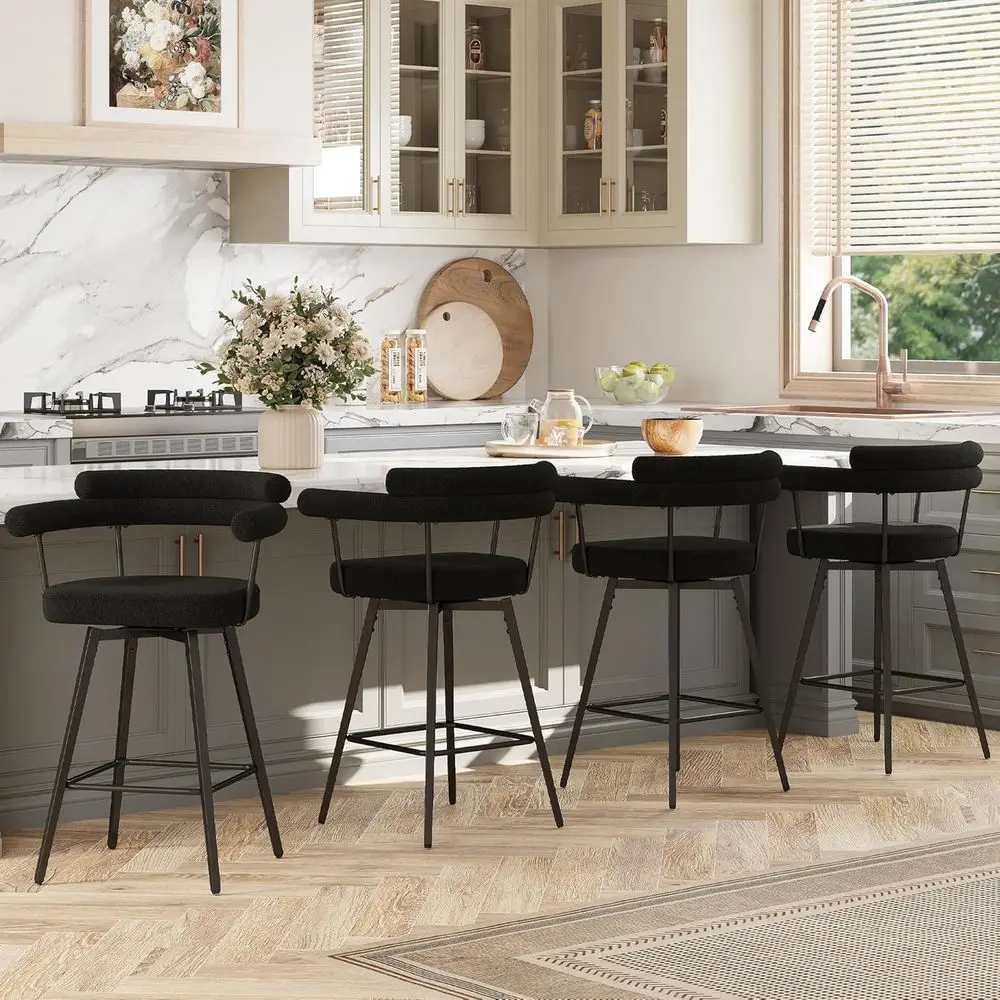 

Set of 4 Black Swivel Bar Stools with High Back and Metal Legs for Counter Height, Upholstered Chairs for Kitchen Island or Dini