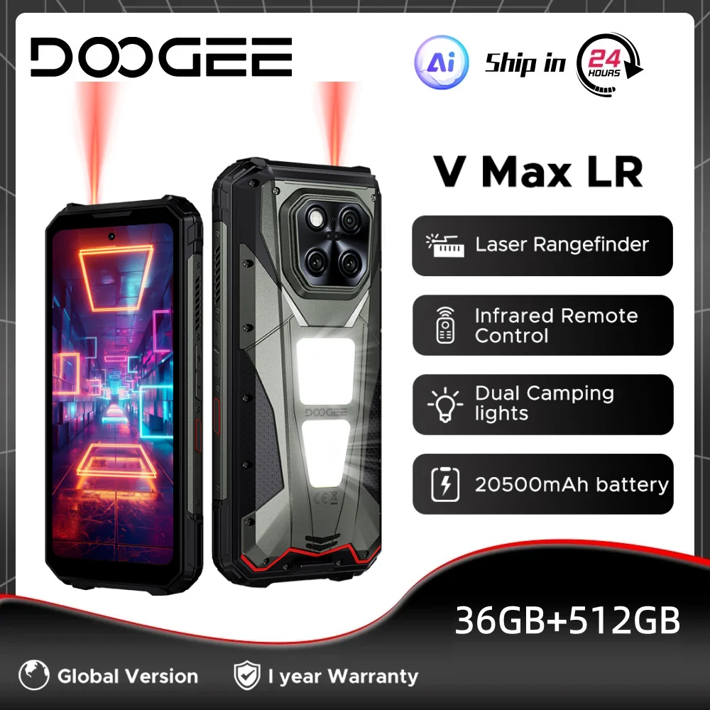DOOGEE V Max LR 5G Rugged Phone 36GB 512GB 6.78'' 120Hz 20500mAh Laser Rangefinder Camping Light Dimensity 7300 200MP WiFi6E NFC