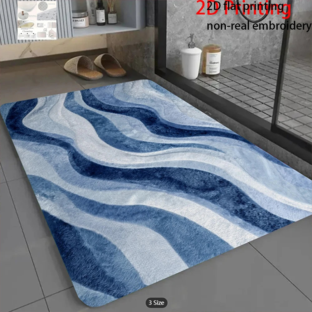 2D Flat-1pc Blue Wave Bathroom Rug , Suitable for bedroom bathroom, entrance door mat.