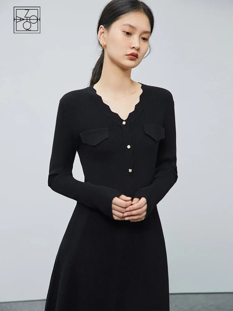 ZIQIAO Wavy V-Neck Single-breasted Women Long Knitted Dress Office Lady Winter New Black All-Match Strech Dress Pocket Design