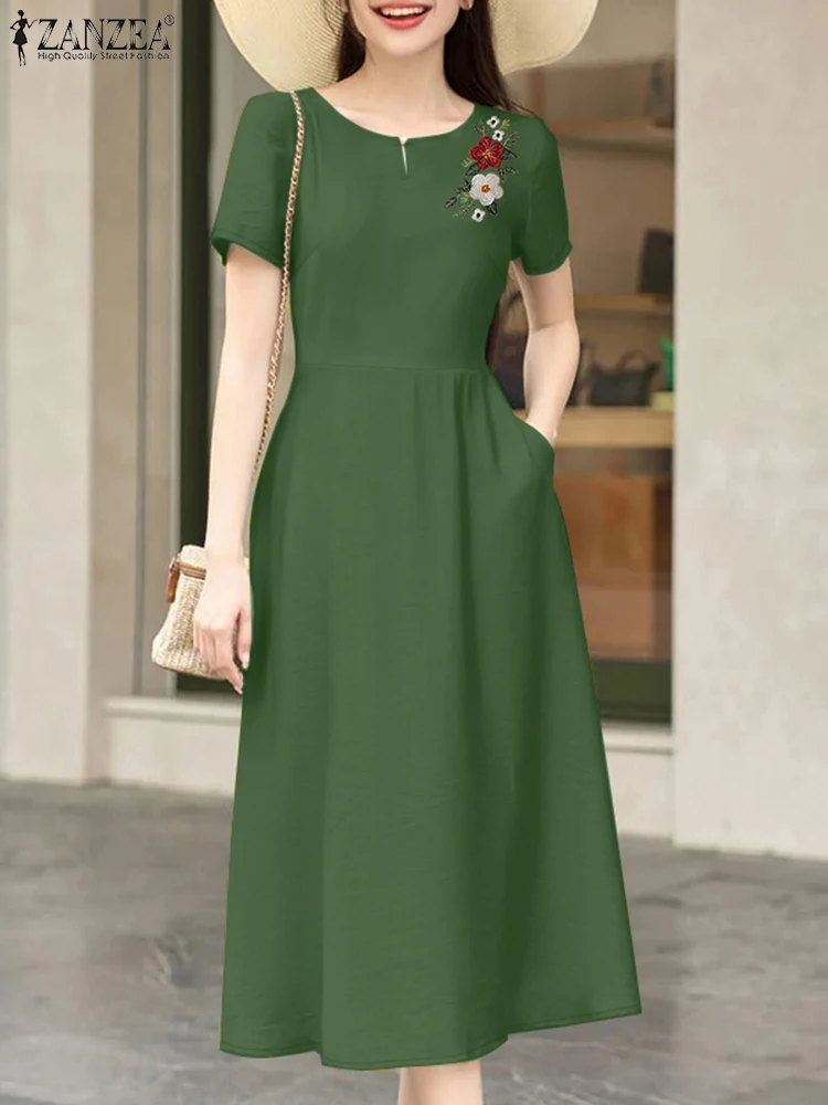 2025, Sommerkleid ZANZEA, elegante Damen, kurzärmelig, A-Linie, Sommerkleid, lässig, Urlaub, Party, Vestidos, stilvolle Arbeit, OL, Midi-Kleider