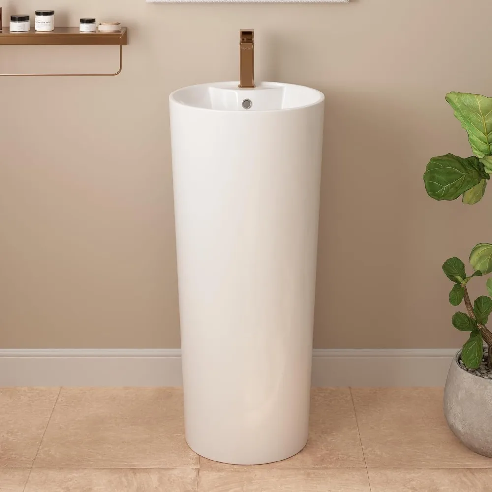 

15" X 15" Circular Basin Pedestal Sink, Apex White Ceramic Pedestal Bathroom Sink with Overflow and Pre-Drilled,