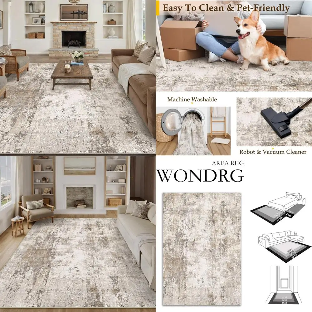 

Large Brown and Grey Washable Area Rug with Abstract Design for Modern Living and Bedroom Spaces, Soft and Non-Slip Indoor Throw
