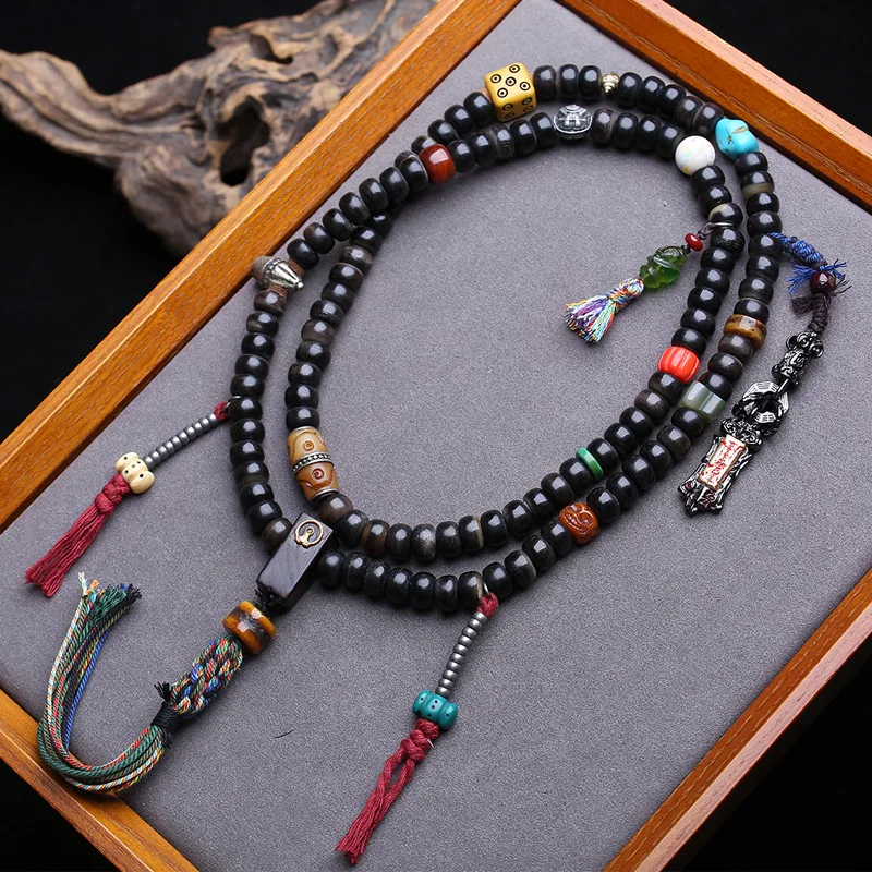 Necklace, Bracelet, Tibetan , 108 Buddhist Prayer ,-Patterned Bone Dzi Beads, Yak Horn Three-