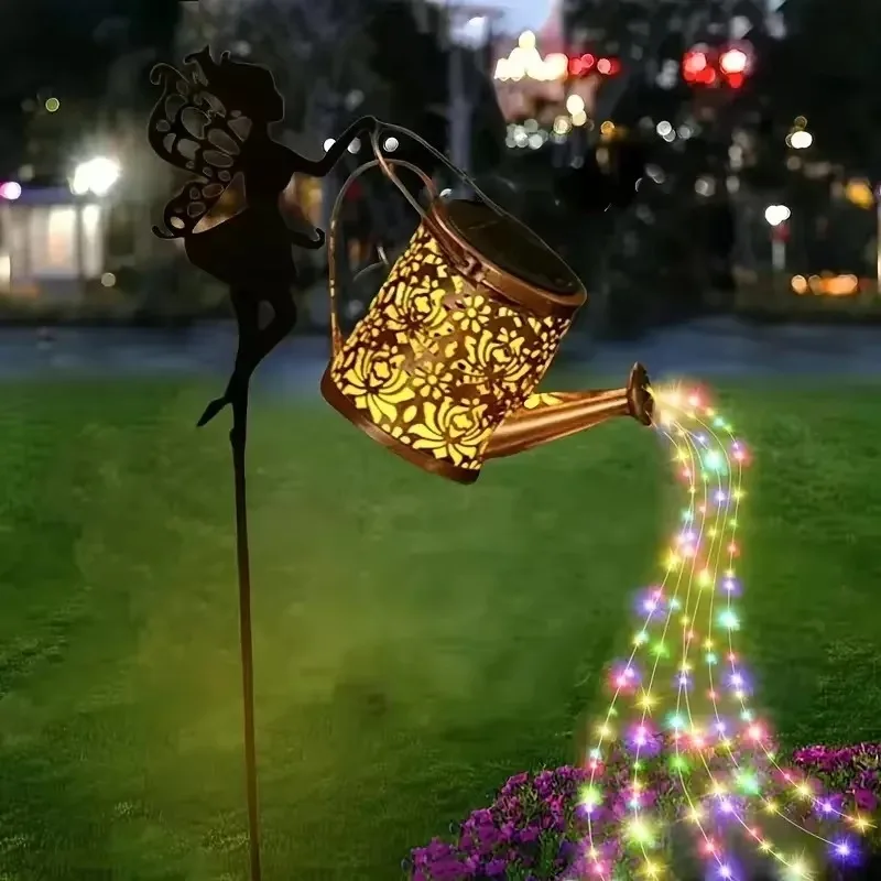 Solar Garden Stake Watering Can Projection Lights Waterfall Fairy String Lights for Yard Lawn Pathway Ornament