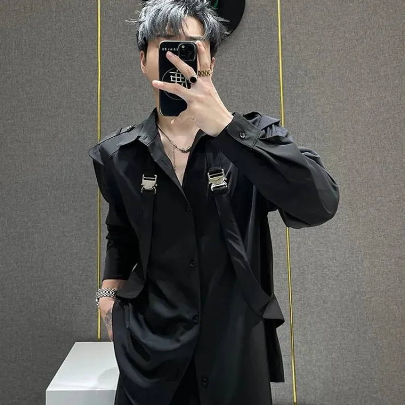 

New Men's Long-sleeved Patchwork Suspender Shirt Loose Casual Shirt