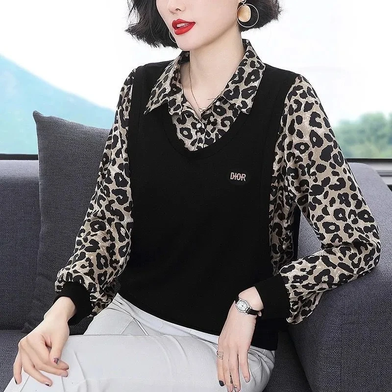 Elegante manga longa chiffon impresso camisa para mulheres coreano vintage all-match emendado solto blusa casual primavera roupas femininas