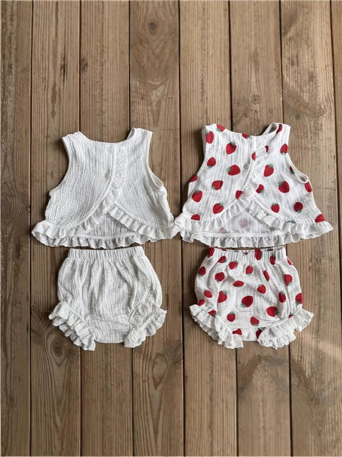 2025 Summer New Baby Girl Strawberry Print Clothes Set Thin Infant Sleeveless Vest + Shorts 2pcs Suit Toddler Girl Outfits
