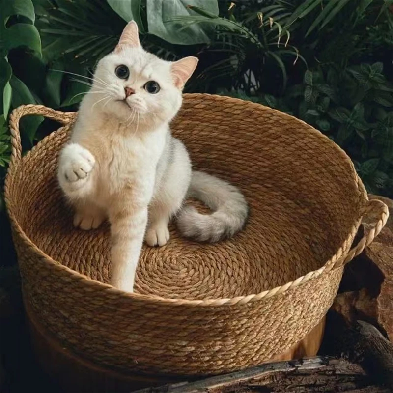 Cat Gog Bed Rattan Four Season Cat Bed Summer Cool Nest Pet Cat Supplies Cattail Woven House Nest Cama De Mimbre Para Mascotas