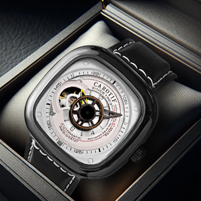 A men's fashion minimalist black case with white dial black PU leather mechanical watch