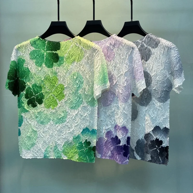 Miyake Pleated Original Lucky Four-Leaf Clover Gradient Print Summer Thin Short Sleeve T-Shirt 3D Embroidery Base Top for Women