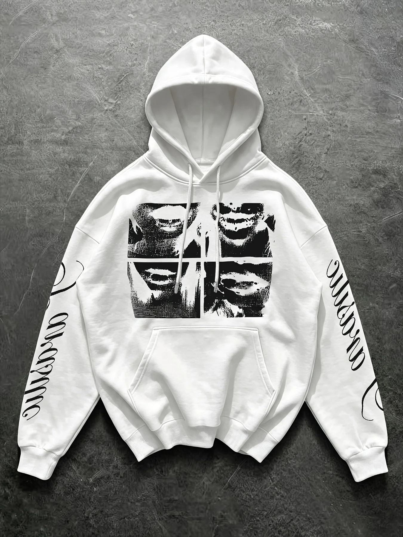 Women Loose Hooded Sweatshirt  Abstract Face Collage Gothic Script Graphic Print Long Sleeve Casual Daily Street Pullover Tops