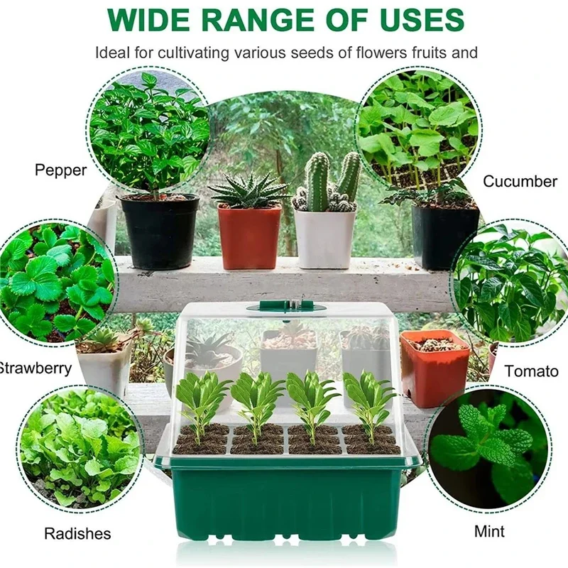 12 Cells LED Growth Light Seed Starter Trays Kit 4 Timed & 5 Adjustable Brightness Plant Seedling Box with Ventilation Valve