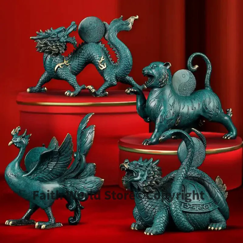 A set Qinglong Baihu Zhuque Xuanwu Divine beast 4P Geomantic omen exorcise evil spirits FENG SHUI Decorative copper sculpture