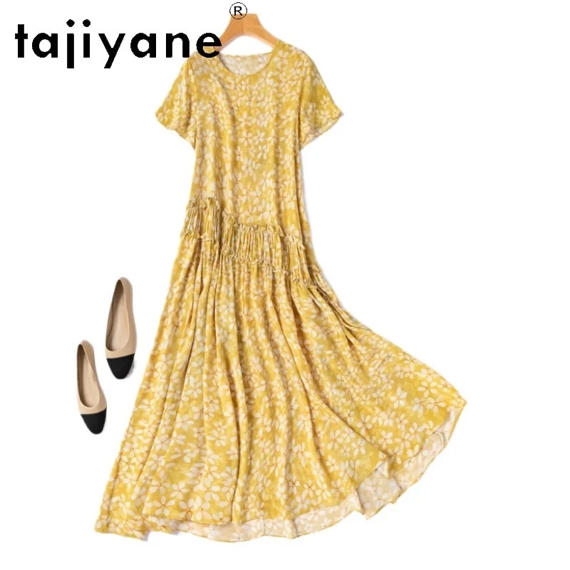 

TAJIYANE 100% Mulberry Silk Dress Woman Summer 2025 Elegant Long Dresses Yellow Vacation Frocks Women Clothing платье женское