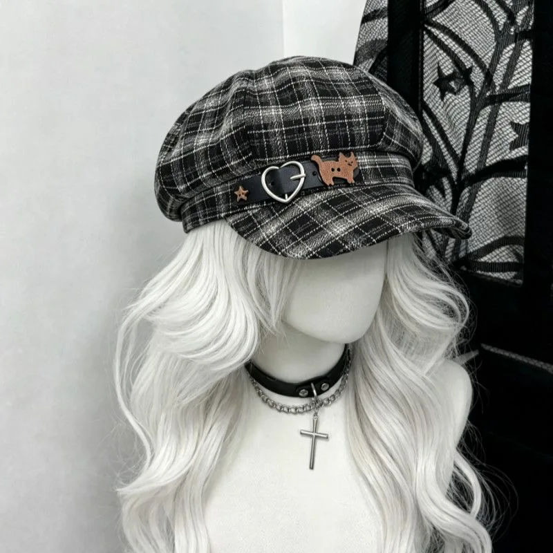Autumn and Winter Retro Plaid Heart-Shaped Belt Buckle Decorated Octagonal Hat, Women's Japanese-Style Casual Versatile Newsboy Hat That Suits All Face Shapes