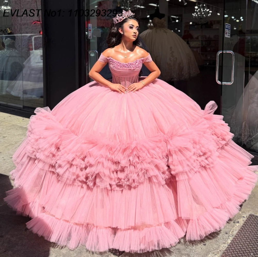 

EVLAST Элегантное розовое бальное платье по индивидуальному заказу, платье Quinceanera, оборки, аппликация, бисер, многоуровневое милое платье 16, Vestidos De 15 Anos E1QN114