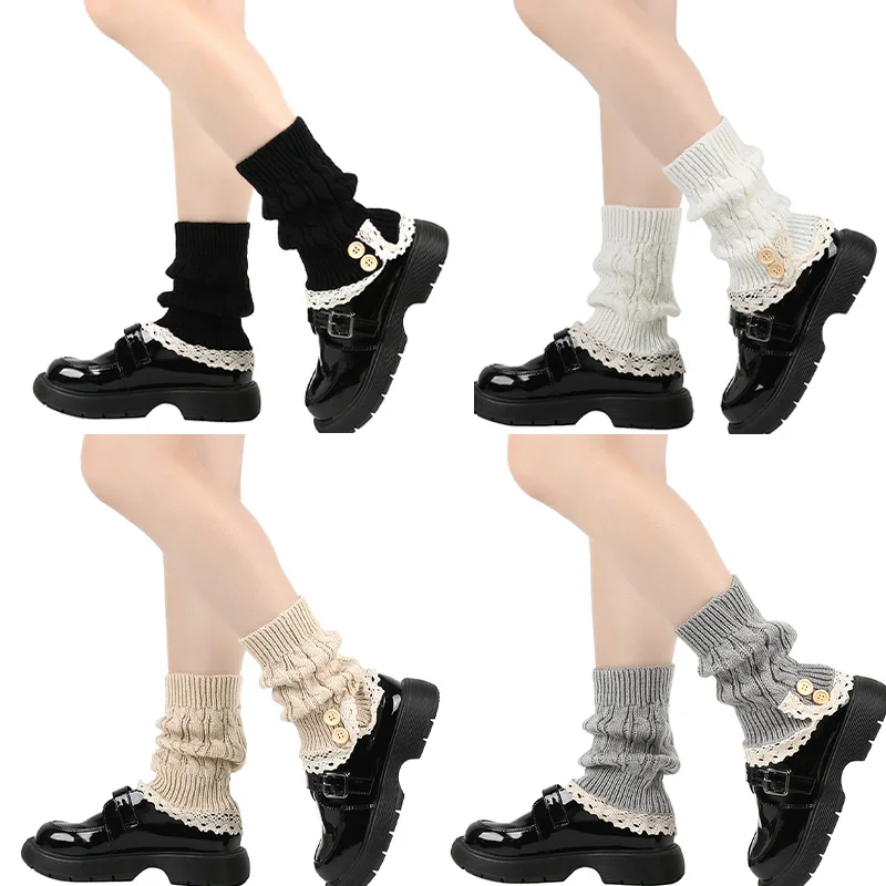 

2026 Новые осенне-зимние милые кружевные гетры с рюшами по краям, японские студенческие ботинки в стиле Лолиты, теплые вязаные носки до щиколотки для женщин