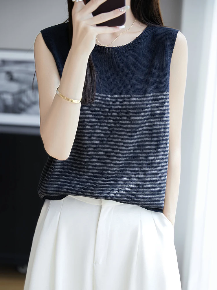 

Women Navy Blue Thin Stripes Sleeveless T-shirt Linen Summer Cool Tank Tops Crew Neck Light Breathable Anti-wrinkle Knitted Vest