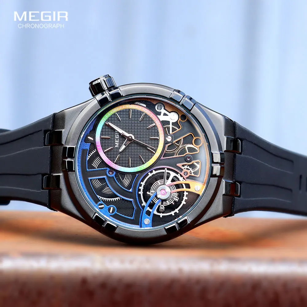 MEGIR Military Sport Quartz Watch for Men Fashion Black Silicone Strap Waterproof Wristwatch with Luminous Hands MN8111G