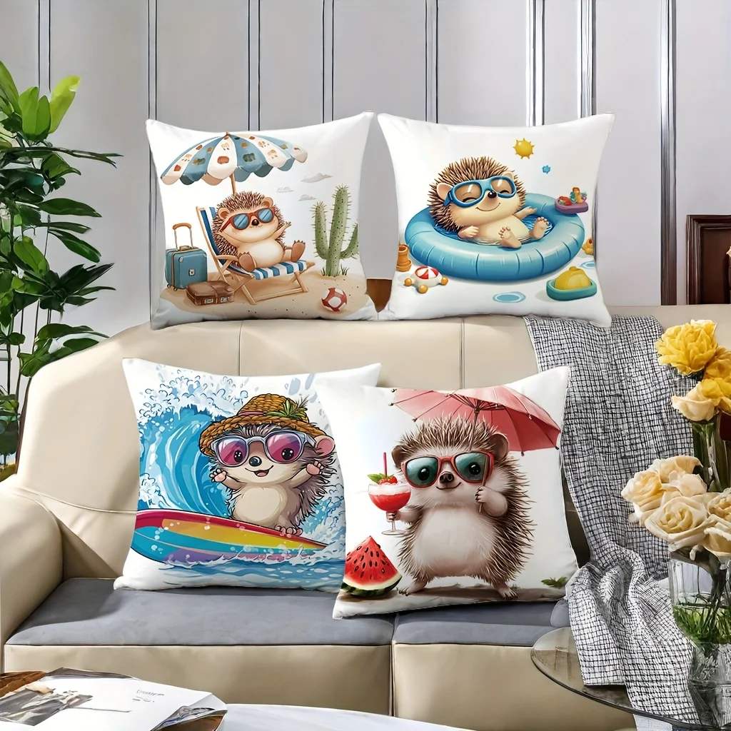 4pcs Throw Pillowcase 40x40cm Cute Hedgehog Animal Cartoon Cushion Set for Nursery Kids Room Summer Beach Decor