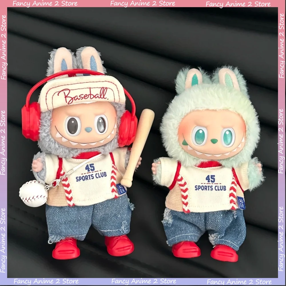 Honkbal Sport Uniform Cap Hoofdtelefoon Bal Bat Schoenen Kleding Set voor V1 V2 V3 Labubu Mini Pluche Pop Kleding Mode Accessoires