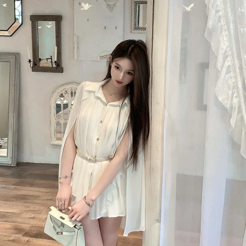 

Korean White Cape Shawl Shirt for Women Design Sleeveless Chiffon Blouse Summer Slim Belt Pleated Tops Versatile 897P