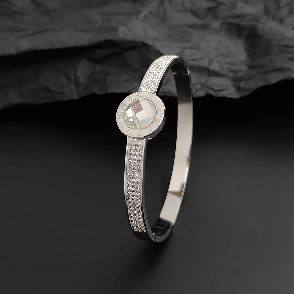 

Rhinestone Roman numerals Electroplating stainless steel zircon bangle, light luxury, daily use, social, party, self-use, gift