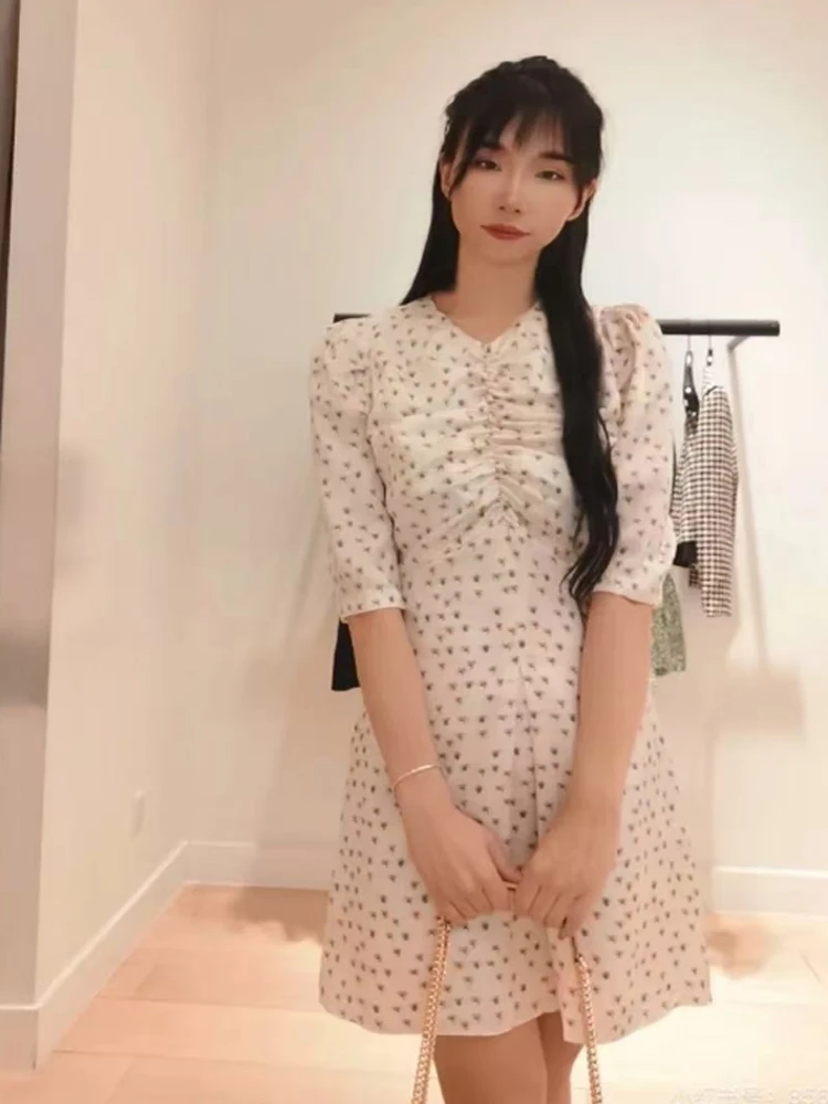 

Романтическое плиссированное платье А-силуэта с цветочным принтом, рукавом три четверти, для повседневной носки, из полиэстера, распродажа.