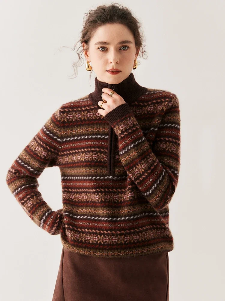 High Quality Vintage Women's Pullover Sweater 100% Cashmere Sweater Autumn Winter Colorful Jacquard Clothes Thicken Warm Knitted