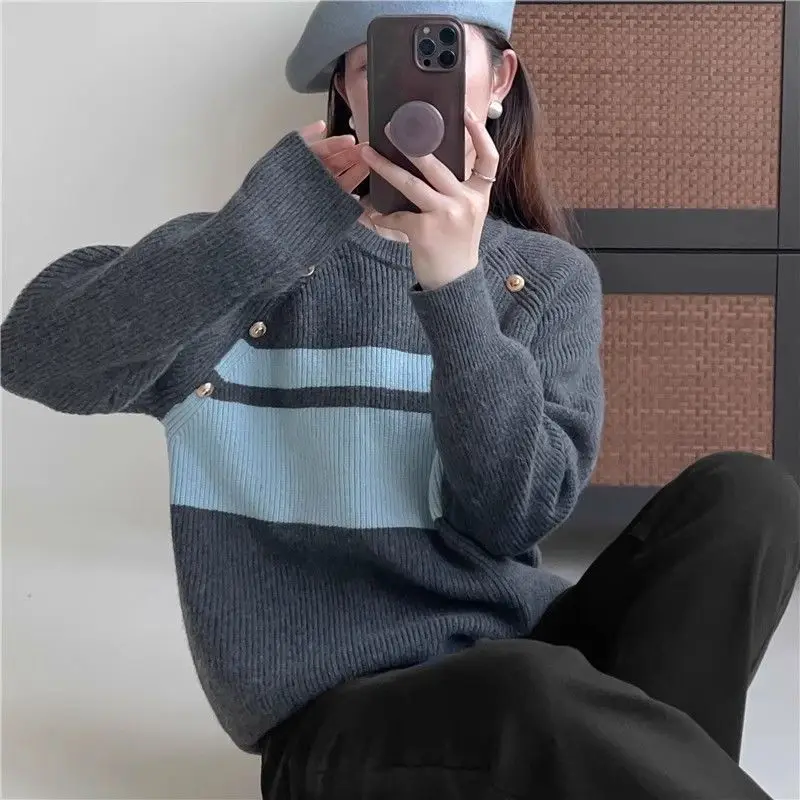 

Autumn/winter Striped O-neck Comfortable High Quality Sweater Fashionable Casual Color Blocked Loose Knitted Popular Women's Top