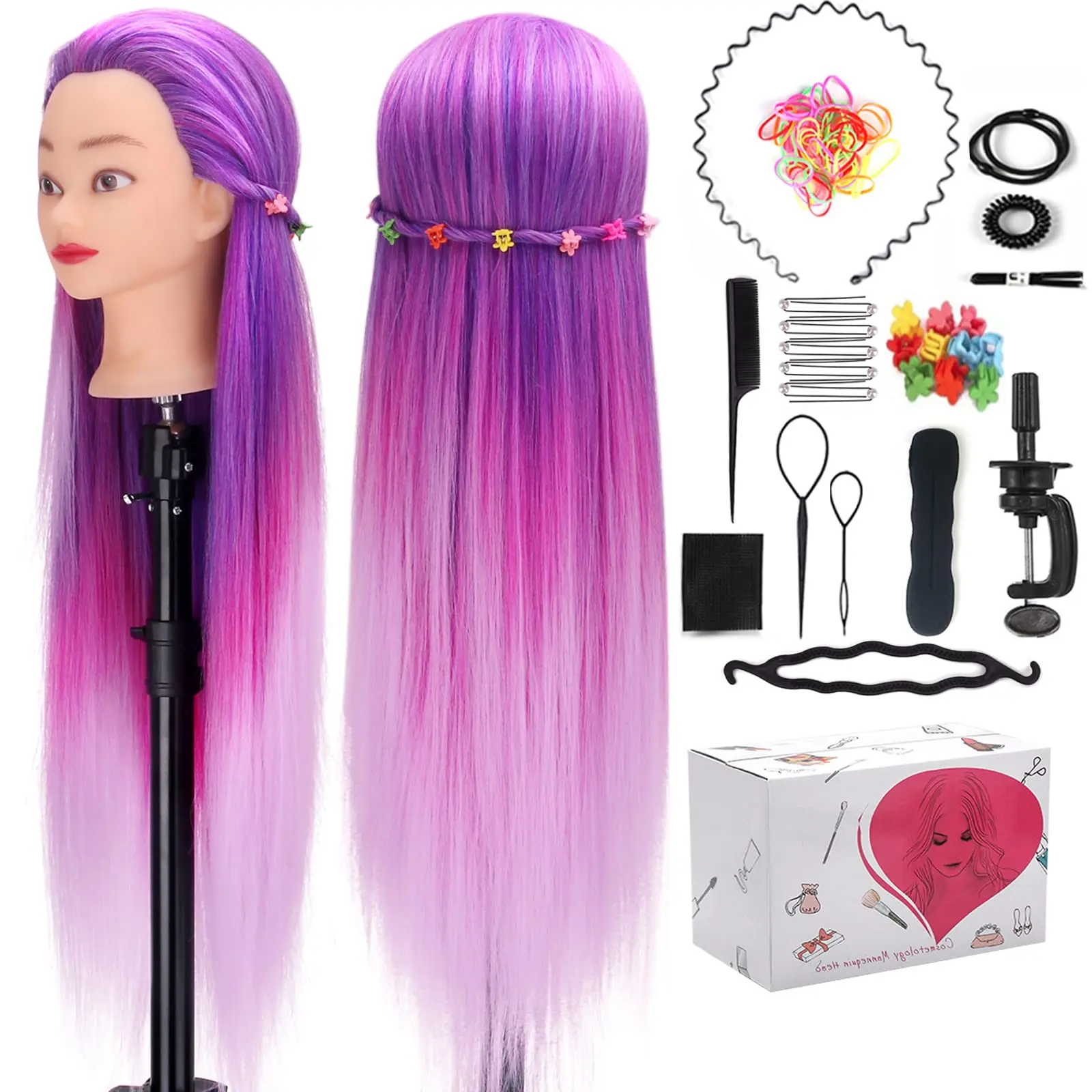 66cm Colorful Mannequin Heads For Braiding Maniquí Hair Dolls Head Synthetic Hair Training Hairdresser Styling Model For Child