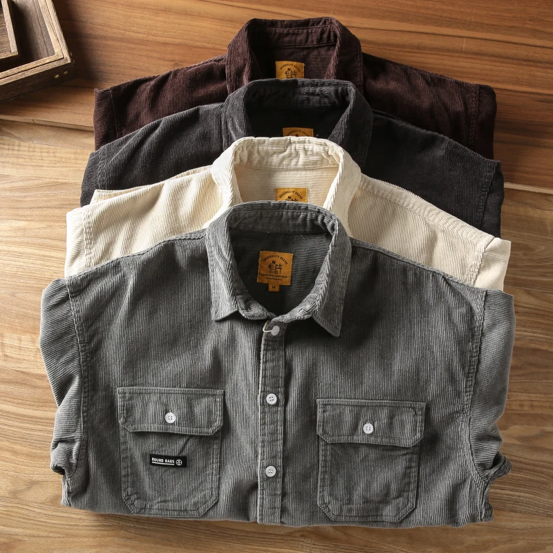 

Autumn Winter Thiened Corduroy Long Sve Loose Casual irt American Sle Retro Faion Workwear Men's irt Trendy
