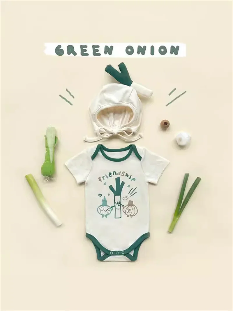 Funny Summer Baby Boy Girls Clothes Korean Romper Bodysuit Cotton Short Infant Scallion Pattern Onesie Jumpsuits With Hat 2024