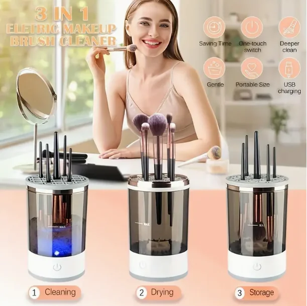 Nettoyeur de pinceaux de maquillage automatique, avec boîte de rangement, Machine de nettoyage électrique ultrasonique pour outils cosmétiques, séchage rapide