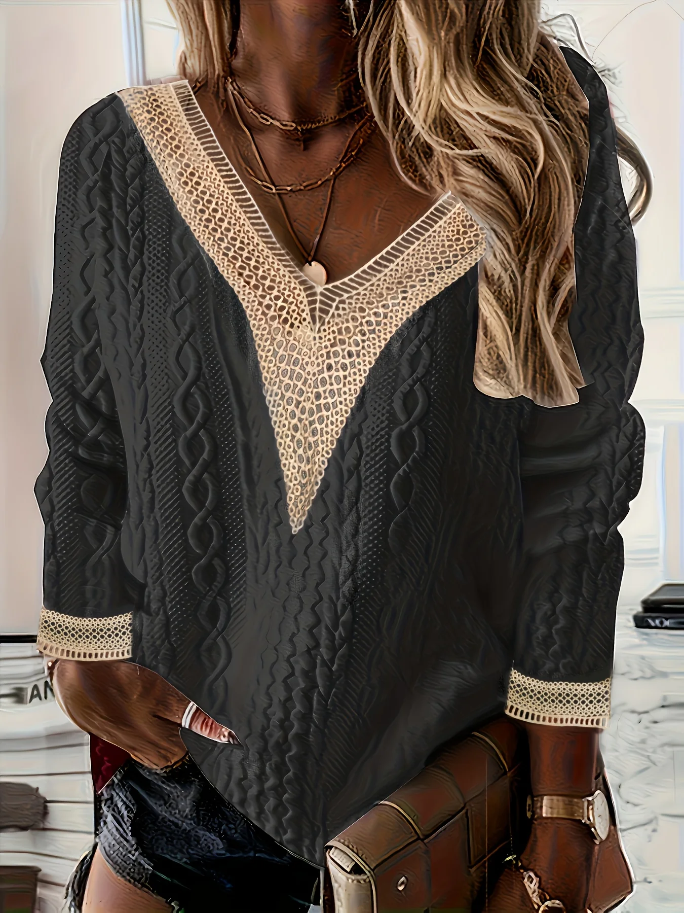 Stilvoller V-Ausschnitt-Pullover mit Spitzenbesatz für Damen in Übergrößen für mühelose Eleganz – Detail 16