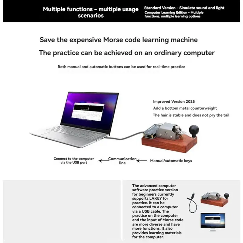 جديد! FM لراديو التلغراف مفتاح CW مورس رمز التدريب اليدوي مفتاح مع ردود الفعل الصوت والضوء لنقل الراديو عبر الراديو