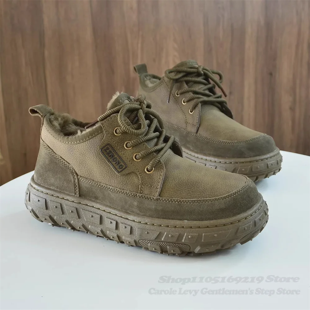 Waterproof Leather Snow Boots Men Winter New Sheepskin Wool Integrated Lace Up Thick Soled Short Boots Anti Slip Cotton Shoes